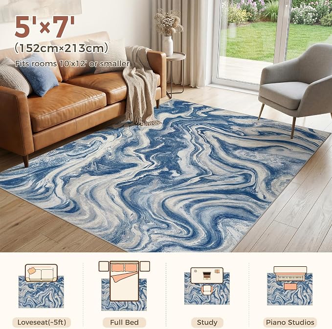 DMOYEST 5x7 Area Rug for Living Room Washable Abstract Indoor Carpet | Neutral Modern Low Pile Rugs Kid & Pet Friendly Soft Thin Carpet for Bedroom Dining Room and Office - Navy Blue