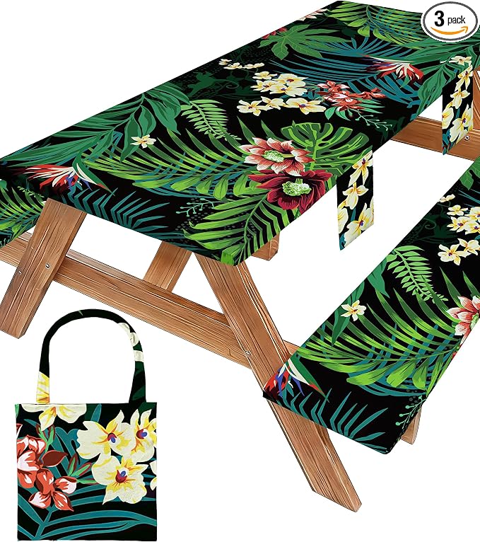 Picnic Table Cover with Bench Covers Waterproof Elastic Rectangle Tablecloth Camping Essentials Supplies Rv Car Travel Gear Must Haves Accessories Fitted Table Cloth Outdoor Road Trip Camper Gifts 6ft