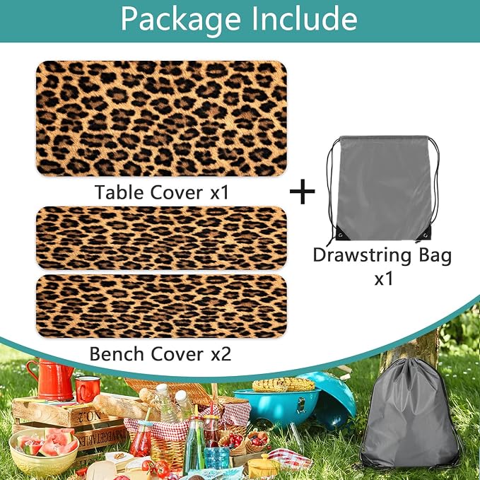 Picnic Table Cover with Bench Covers and Bag, Cheetah Leopard Print Waterproof Windproof, Fitted Tablecloth Cover with Elastic Edge, for Indoor & Outdoor, Garden, Camping, 3 Pieces Set, 30x72 Inch
