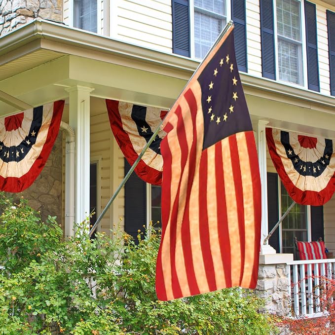 48x25 Inch Tea Stained Antique US American Flag Bunting Half Fan Fully Pleated Banners