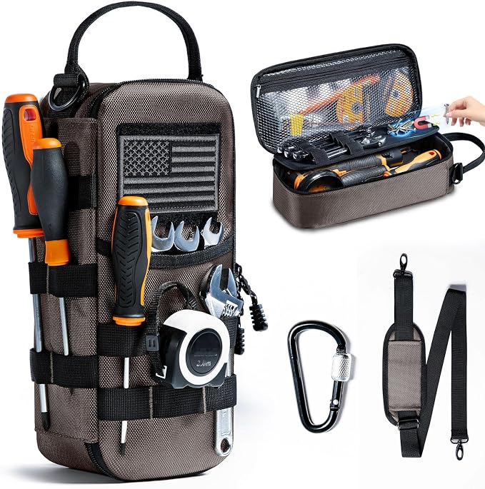 Heavy Duty Small Tool Bags for Men with Carabiner,Tactical Tool Pouch Bag,Portable Utility Tools Storage Organizer Case with Shoulder Strap for EDC,Motorcycle,Camping, Road Trip, Electricians