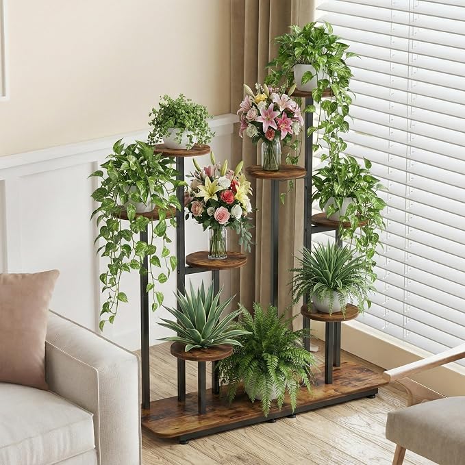 8-Tier Plant Stand Indoor, Plant Stands for Indoor Plants Multiple, Corner Plant Shelf for Living Room, Tiered Plant Holder, Metal Plant Table | Sturdy wood structure, space-saving corner design. Multi-layer rack holds multiple potted plants,ideal for ...