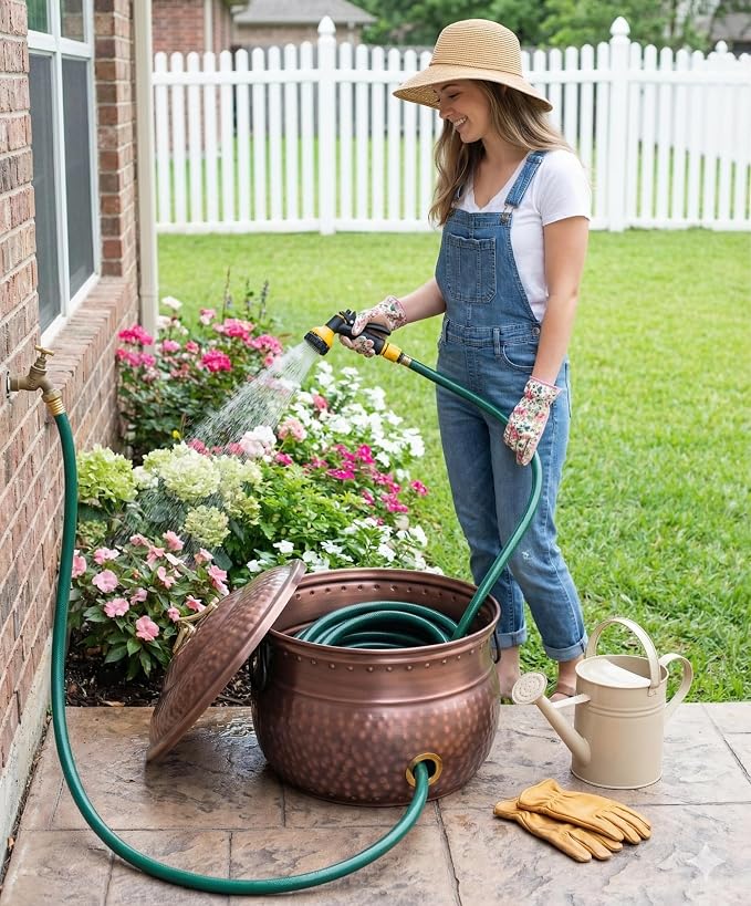 BIRDROCK HOME Water Hose Holder with Lid | Ground Garden Hose Pot | Decorative | Handle | Embossed | Steel Metal with Copper Accents - Outdoor or Indoor Use