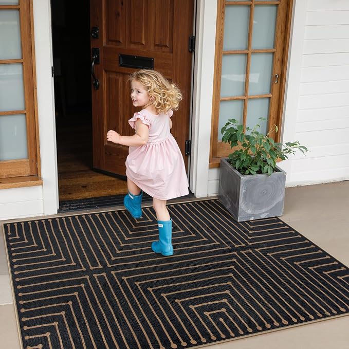 Lahome Black 3x5 Washable Rug, Neutral Easy Jute Entryway Front Porch Rug | Farmhouse Geometric Rhombus Non Slip Non Shedding Carpet for Kitchen Entrance Balcony