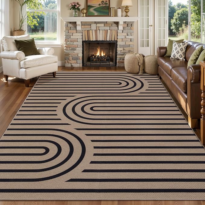Tangsoo Easy Jute 5x7 Large Washable Area Rug for Dining Room Table,Non-Slip Brown Outdoor RugThin Indoor Mat,Modern Farmhouse Rainbow Carpet for Living Room Bedroom Patio Home Decor