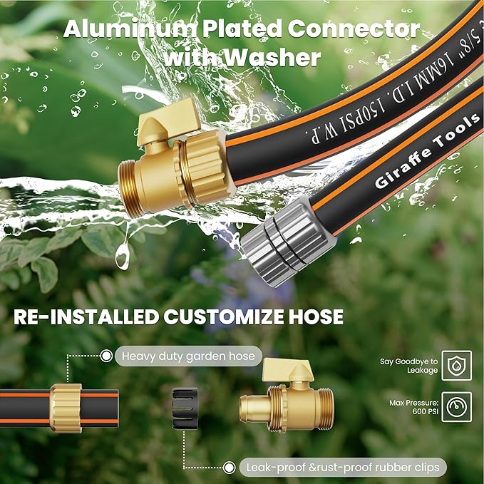 Giraffe Tools Hybrid Garden Hose 25ft x 5/8", Female and male Fittings with Shut off Valve, Heavy Duty, Flexible,Leakproof, Lightweight Water Hose