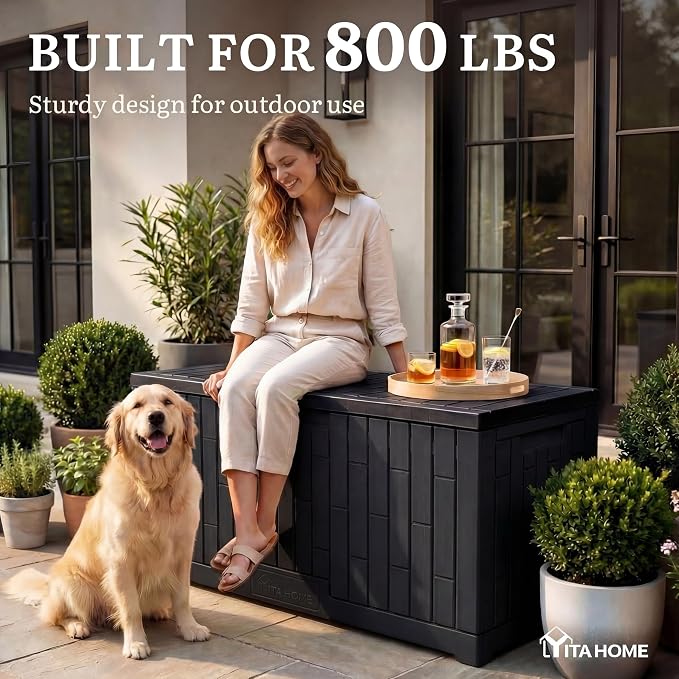 YITAHOME 120 Gallon Outdoor Storage Deck Box | Large Resin Patio Storage Box with Slide-Locking Lid, 53"L 2-Person Bench Seat for Outdoor Pillows, Garden Tools &