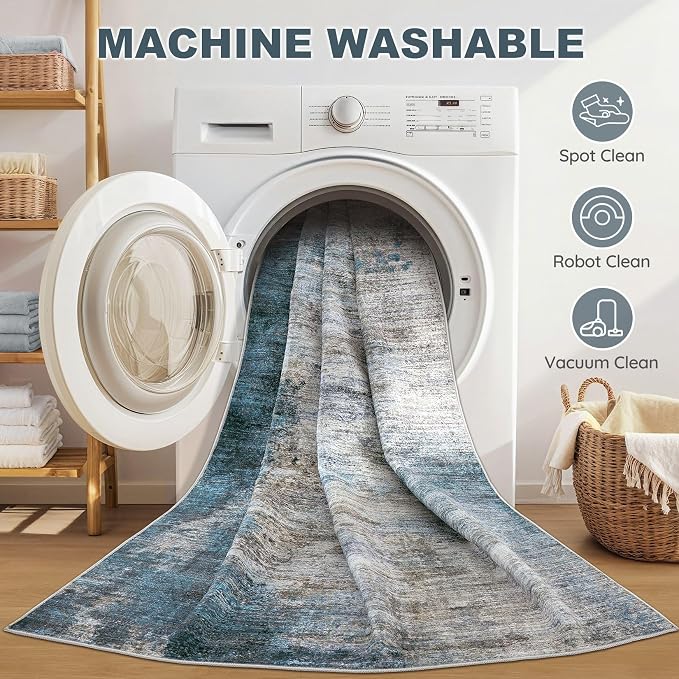DMOYEST 8x10 Area Rug for Living Room Washable Abstract Indoor Carpet | Neutral Modern Low Pile Rugs Kid & Pet Friendly Large Soft Thin Carpet for Bedroom Dining Room - Dark Grey Blue