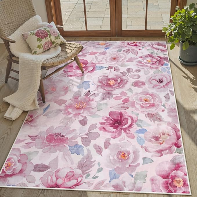 Lahome Pink Floral Area Rug 3x5 for Bathroom and Bedroom | Non-Slip Entryway Rug, Ultra-Thin Washable Stain Resistant Boho Throw Rug for Vanity