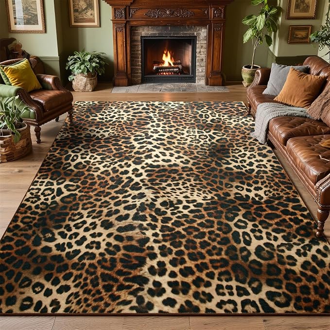 DweIke Leopard Rugs for Living Room, 4x6 Cheetah Print Rug for Bedroom Decor, Washable Non-Slip Stain Resistant Faux Animal Throw Carpet for Dining Room Office Western Home, Dark Brown