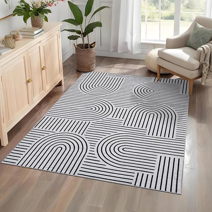 ROYHOME Modern Washable Rug Rainbow 4x6 Area Rugs for Living Room Non Slip | Abstract Rug for Bedroom, Throw Rugs with Rubber Back, Low Pile Stain Resistant Geometric Carpet for Playroom Dorm BlackWhite