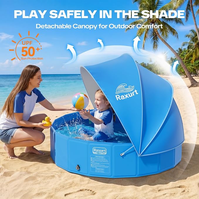 Baby Pool with Canopy, 47" Kiddie Pool with UPF 50+ Sunshade | Foldable Toddler Pool and Kids Pool with Non-slip Design, Portable Setup and Durable Construction for Backyard Summer Fun