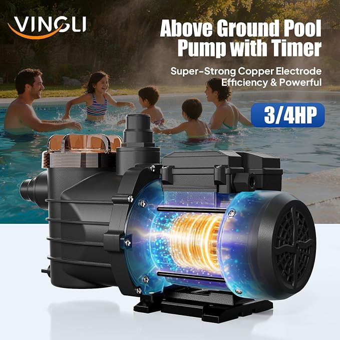 VINGLI 3/4 HP 3435 GPH Pool Pump, 110V Single Speed Self Priming Swimming Pool Pump, Powerful Copper Motor Water Circulation Pump with Filter Basket for Above Ground Pools Spas, US Plug