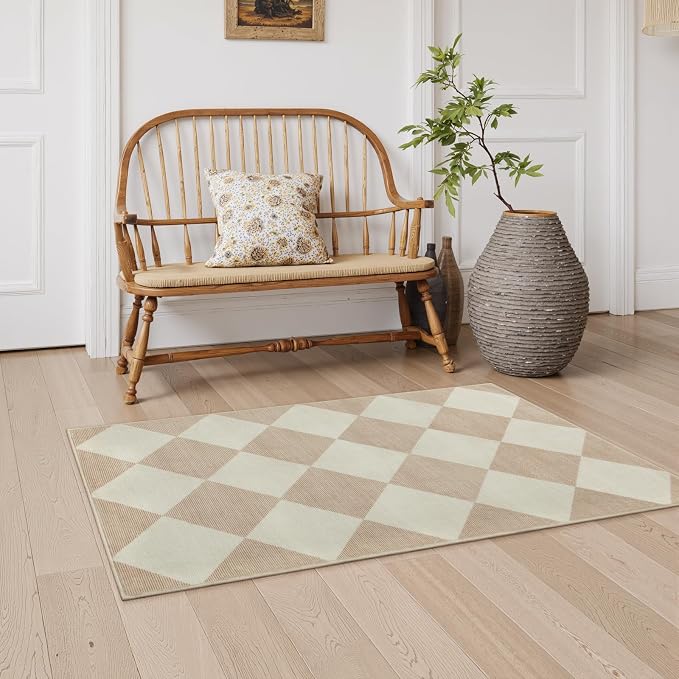 Beeiva Checkered Print Washable Runners for Hallways 2x4, Ultra Thin Beige Small Rugs for Entryway Low Pile Non Slip Bathroom Rug, Modern Geometric Decor Neutral Throw Rug for Kitchen Laundry Bedroom
