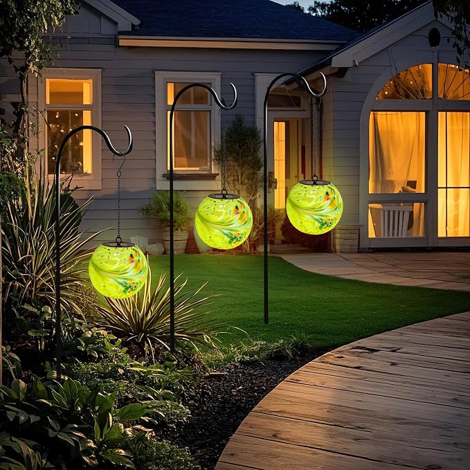 VCUTEKA Glass Solar Lanterns Outdoor Yellow Hanging Solar Light for Outside | Solar Lanterns Outdoor Waterproof with Hook, Energy-Efficient LED White Glass Gazing Ball Lights for Garden, Yard Decor