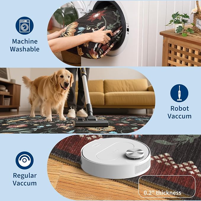 GarveeHome Washable Rug 4x6 Area Rugs for Living Room, Floral Rug for Bedroom, Soft Boho Non Slip Throw Rugs with Rubber Back, Low Pile Stain Resistant Vintage Floral Carpet for Dining Room, Red