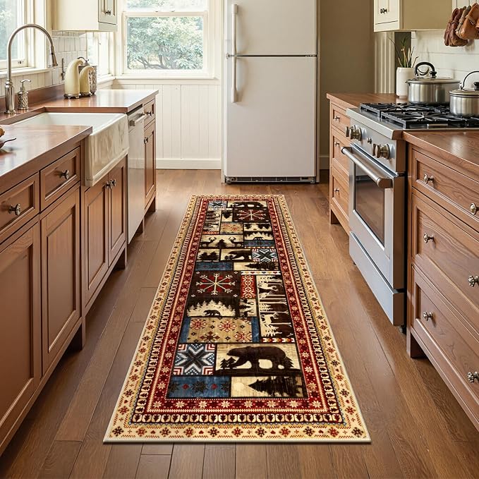 LOKHOM 2x6 Hallway Runner Rug, Non Slip Washable Western Cabin Bear Rugs | Bear Pattern, Low Pile Soft Kitchen Rug, Vintage Wildlife Accent Carpet Runner, For Laundry Bedroom Entryway Nursery