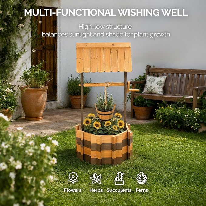 VINGLI Wooden Wishing Well Outdoor Planters, Well Covers for Yard with 4 Reinforced Rods, Height Adjustable Hanging Bucket, Rustic Flower Pot Decor for Outside Patio Garden (Two-Tone, 25" Width)