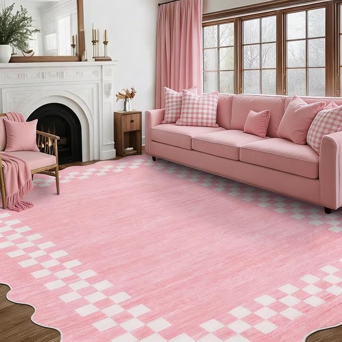 GarveeHome Scalloped Washable Rug 9x12 Area Rug for Living Room Bedroom | Modern Border Large Throw Carpet with Rubber Backing Stain Resistant Neutral Rug for Dining Room Home Decor Office, Pink