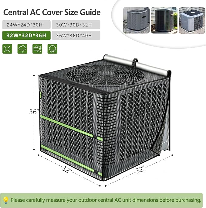 2 in 1 Full Mesh Air Conditioner Cover with Roll-Up Waterproof Top-Heavy Duty 420D Oxford, Breathable Outdoor AC Unit Defender for All Season, Anti-UV, Windproof, Easy Install, 32"W x 32"D x 36"H