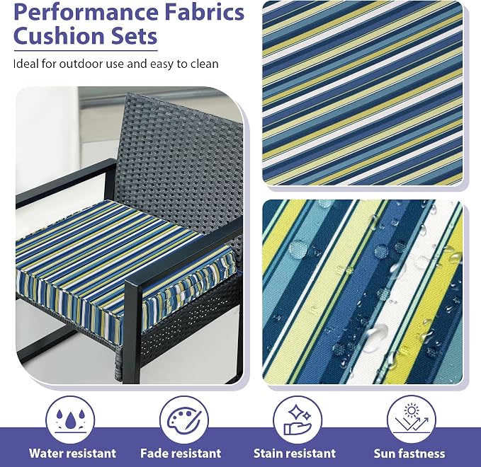 IPYNBAP Outdoor Chair Cushions Set of 4 -Waterproof Outdoor Seat Cushions for Patio Furniture, Patio Chair Cushion with Handle and Ties, Out Door Chair Pads,17x16x2-Square, Blue Stripe