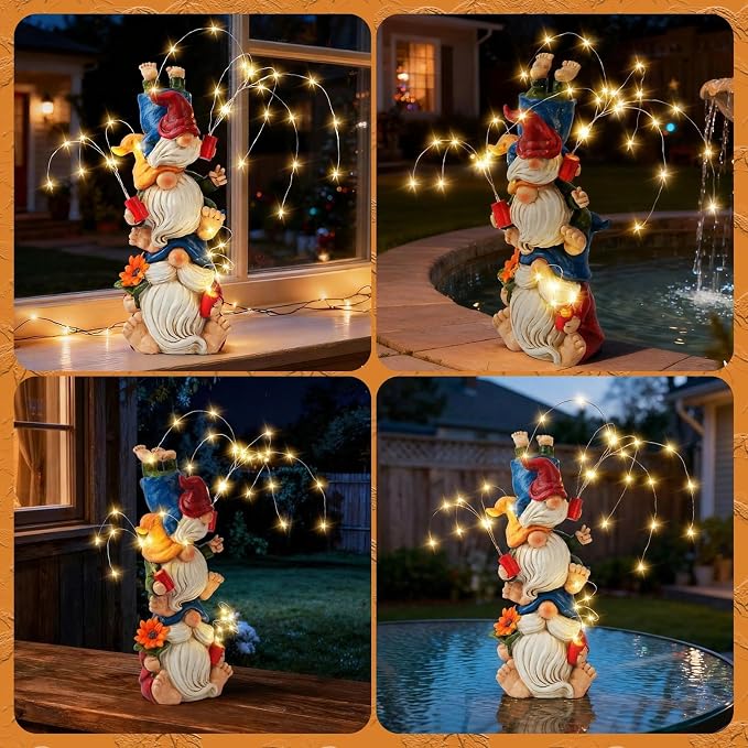 Gnomes Decorations for Yard, Triple Stacked with DIY Firework Lights, Solar Garden Gnome Outdoor Decor Statue for Patio Lawn, Mothers Day Birthday Gift for Mom Grandma (11.5in)