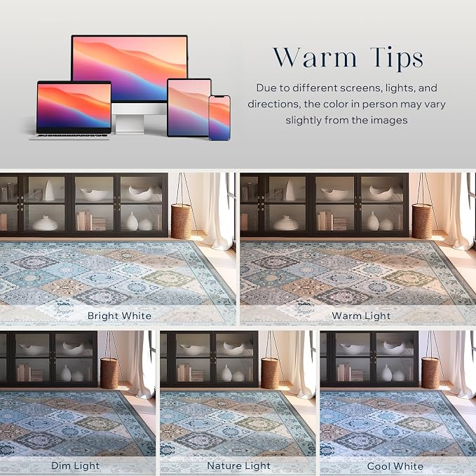 Phantoscope Washable Area Rug 5'x7' Non-Slip, Vintage Boho Rugs for Living Room, Bedroom, Dining Room, Distressed Moroccan Mosaic Diamond Pattern, Low-Pile Foldable Floor Carpet, Blue Teal/Neutral