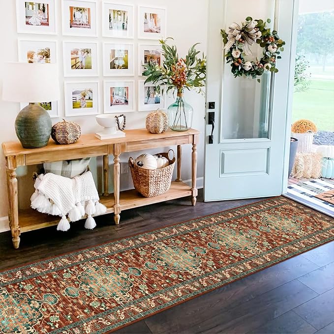 U'Artlines 2' x 12' Boho Hallway Runner Rug, Washable Carpet, Rust＆Teal | Non Slip, Long, Vintage Farmhouse Accent Area Rug Carpet, for Kitchen Entryway Laundry and Living Room