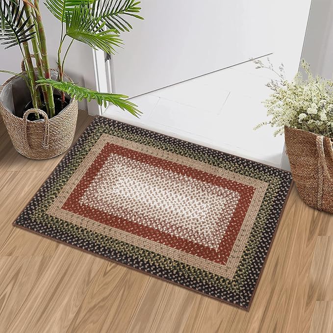 RUGSREAL Entryway Area Rug 2x3 Small Machine Washable Bedroom Rug Non Slip | Bathroom Mat Stain Resistant Kitchen Farmhouse Carpet Modern Rustic Area Rugs for Living Room Dining Room, Crimson/Earthy