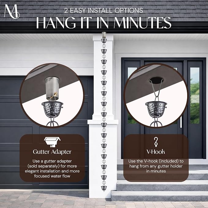 Monarch Rain Chains Aluminum Hammered Cup Pewter Rain Chains for Gutters – 8.5 ft Pewter Decorative Rainchain Outdoor Durable Heavy Duty Gutter Chain Downspout Modern Rainchains for Outside