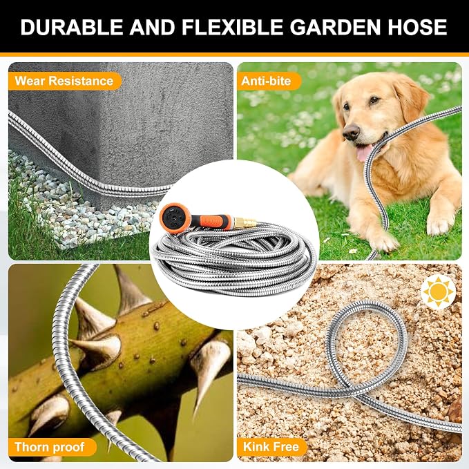 150 ft Garden Hose, Metal Water Hose 100 ft with 10 Function Nozzle & 3/4 Copper Fitting, Heavy Duty & Flexible, Kink Free & Lightweight for Yard, Outdoor, Lawn, Patio & Car