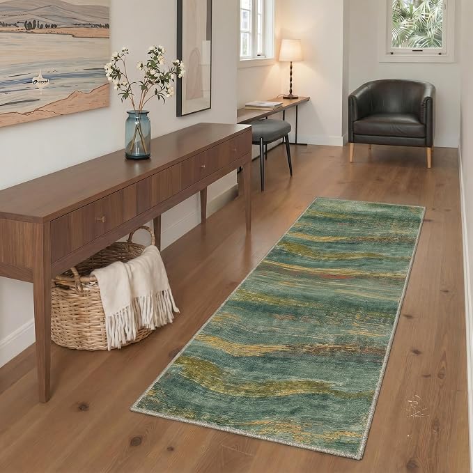 BEIMO 2x8 Non Slip Runner Rugs for Hallway, Wave Abstract Teal Gold | Soft Machine Washable Modern Runners,Streaks Pattern Indoor Marble Carpet for Kitchen Laundry Room Bedroom Bathroom