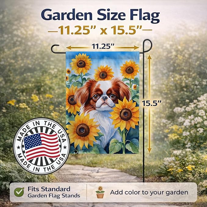 Caroline's Treasures DAC6104GF Japanese Chin in Sunflowers Garden Flag Mailbox Flag Decorative Yard Flag Banner Outside Patio Artwork Yard Flower Beds, Garden Size, Multicolor