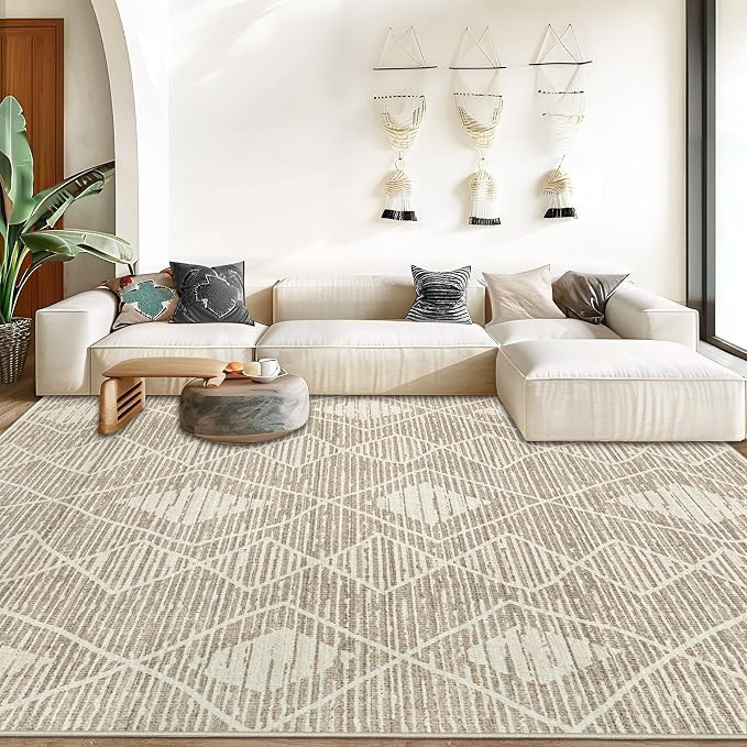 Area Rug Living Room Rugs 8x10 - Large Soft Boho Geometric Rug, Non-Slip Foldable Washable Rugs Non Shedding Morden Indoor Floor Carpet for Living Bedroom Office Dining Room(Cream Beige, 8'x10')