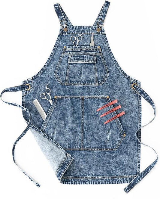 Jeanerlor - Cotton Tool Denim Work Apron with Convenient Pockets for Women Cross Straps & Adjustable(Denim Blue)