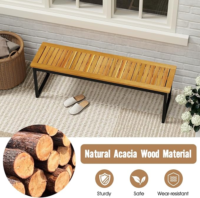 HAPPYGRILL Acacia Wood Patio Dining Bench Set of 2, Outdoor Bench with U-Shaped Metal Legs, Adjustable Foot Pads, 800 LBS Farmhouse Bistro Bench for Dining Room, Garden, Poolside