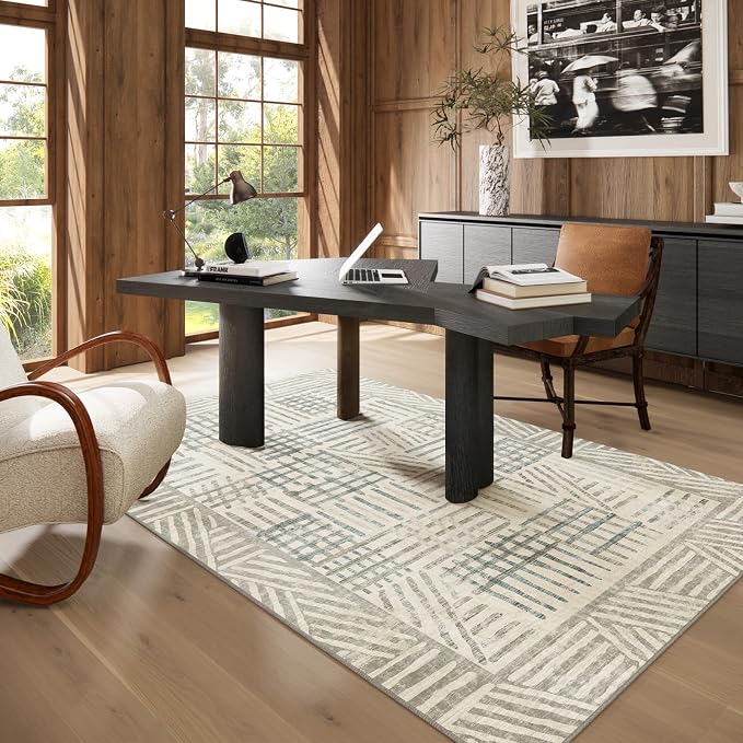 Area Rug 4x6 Abstract Geometric Textured Brushstroke - Neutral Gray & Light Blue Modern Minimalist Area Rug, Decorative Carpet for Living Room Bedroom Home Decor