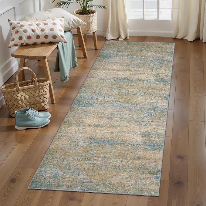 Abstract 2x6 Washable Runner Rug for Hallway, Modern Non Slip Runner Rugs | Tangsoo Contemporary Indoor Soft Low Pile Rug Print Carpet Runners for Laundry Entryway Bedroom Kitchen Mist Blue Home Decor