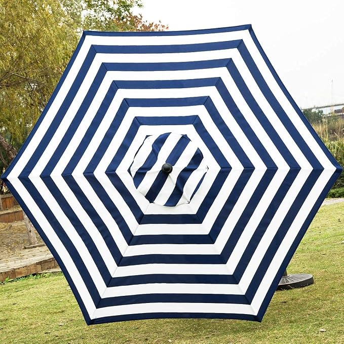 Sunnyglade 7.5' Patio Umbrella 6 Ribs (Blue & White) | 18" 30.2-lbs Heavy Duty Round Antiqued Umbrella Base, Bronze