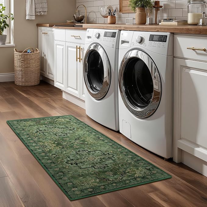 Dark Green 2x4 Entryway Small Rug, Retro Distressed Medallion Door Mat Indoor Entrance Entry Way, Washable Non Slip Low Pile Thin Runner Rug for Kitchen Floor Sink Area Bathroom