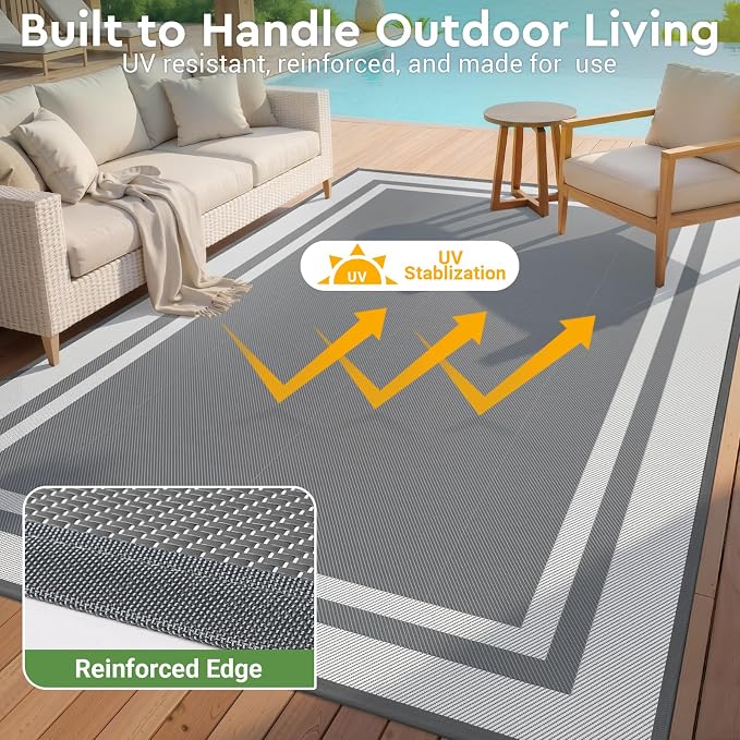 Mattitude Outdoor Rug Reversible Portable Plastic Straw Camping Rugs for Outside RV,Large Waterproof Outdoor Area Rugs for Patio,Deck,Porch,Balcony(8'x 10',White&Gray)