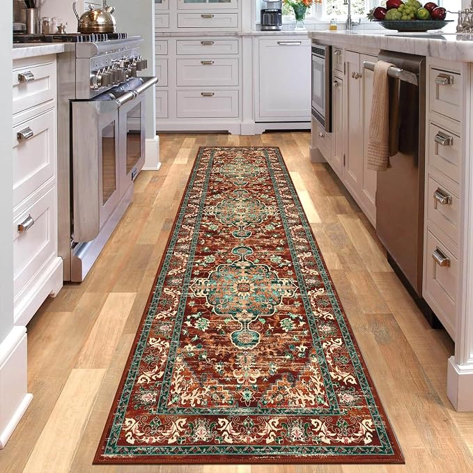 U'Artlines 2' x 8' Boho Hallway Runner Rug, Washable Carpet, Rust＆Teal | Non Slip, Vintage Farmhouse Accent Area Rug Carpet, for Kitchen Entryway Laundry and Living Room