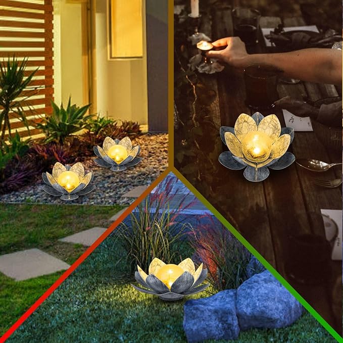 AIINY Garden Solar Light Outdoor(2Pack), Amber Crackle Globe Glass Lotus Decoration, Waterproof Gary Metal LED Flower Lights for Patio,Lawn,Walkway,Tabletop, Garden Gifts for Women