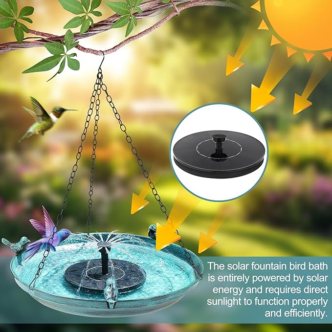 DazSpirit Hanging Bird Bath with Solar Fountain, 14.9" Metal Bird Bath for Outdoors, Fixed Solar Panel with 4 Nozzles, 3 Removable Decorative Birds, Hanging Birdbath for Garden Patio Porch Yard Gift