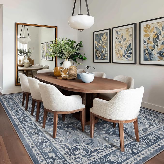 8x10 Blue Gray Rugs for Living Room, Transitional Medallion Washable Large Rug for Bedroom Under Bed, Modern Vintage Distressed Low Pile Thin Soft Carpet Rugs for Dining Room Office
