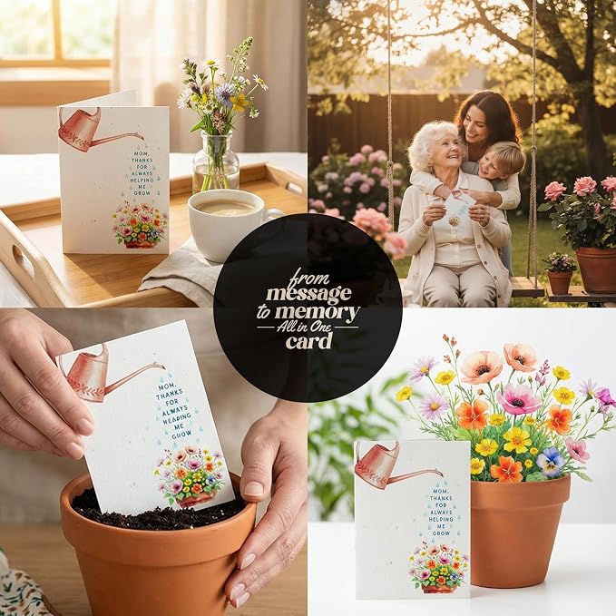 Mom Greeting Cards – 5 Sets of Gift Cards with White Envelope Each, Embedded with Wildflower Seeds, Plantable and Writable Greeting Cards for Mom's Day, Appreciation to Her, Mother's Birthday Gift
