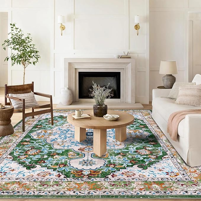 U'Artlines Boho Vintage Area Rug 9x12 Machine Washable Carpet, Green | Low Pile, Non Slip, Ultra-Thin Soft Floor Carpet, Accent Rug for Living Room Bedroom Dining Room Office