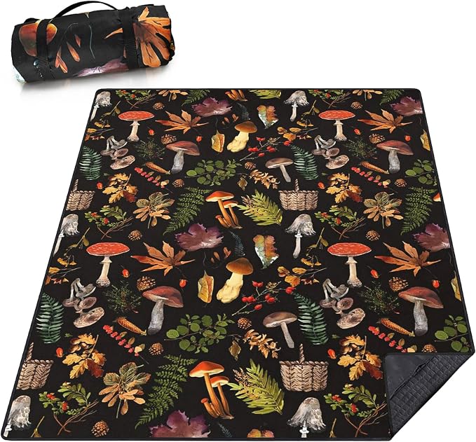 Picnic Blankets Extra Large Waterproof, 80"x 60"Mushroom Beach Mat with Corner Pockets Windproof Sandproof Foldable Portable 3-Layer Mat Darker for Wet Grass,Parks,Music Festival,Camping,Concerts