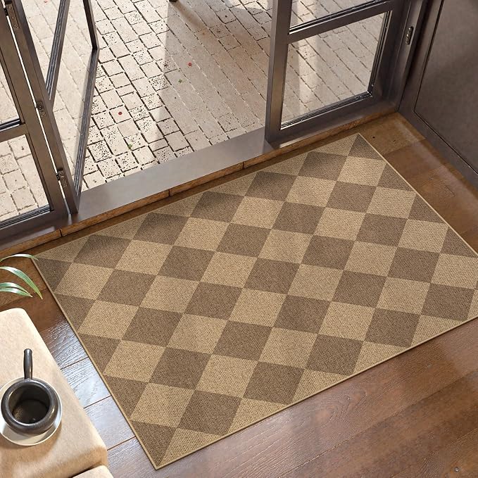 Lahome Colette Checkered Easy Jute Rug, 2x3 Entryway Rug Indoor Outdoor Front Door Mat, Farmhouse Neutral Non Slip Non Shedding Washable Kitchen Mats for Floor Foyer