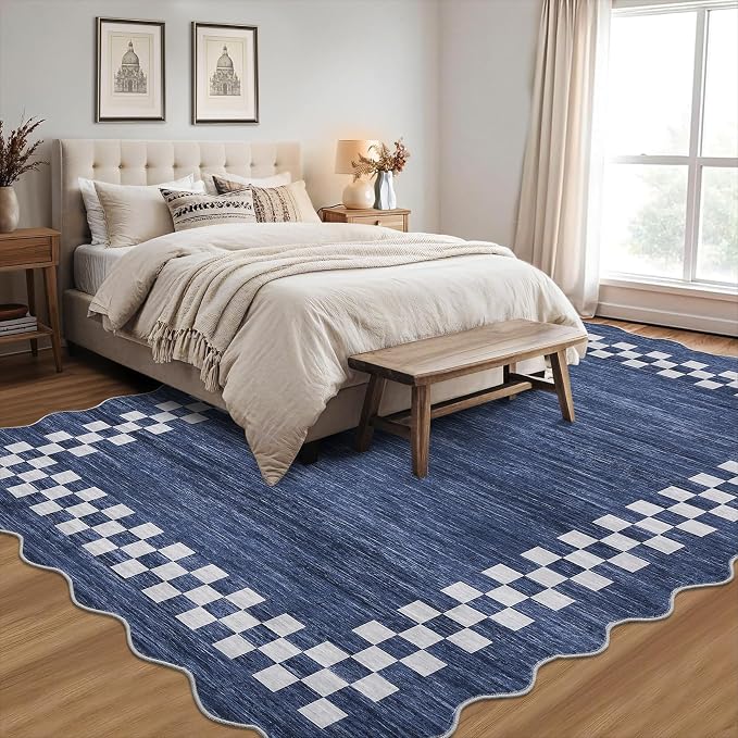 GarveeHome 10x13 Area Rug Large Living Room Bedroom Scalloped Rug | Non Slip Low Pile Throw Carpet Soft Modern Bordered Dining Room Rug Stain Resistant Neutral Carpet for Home Office, Blue